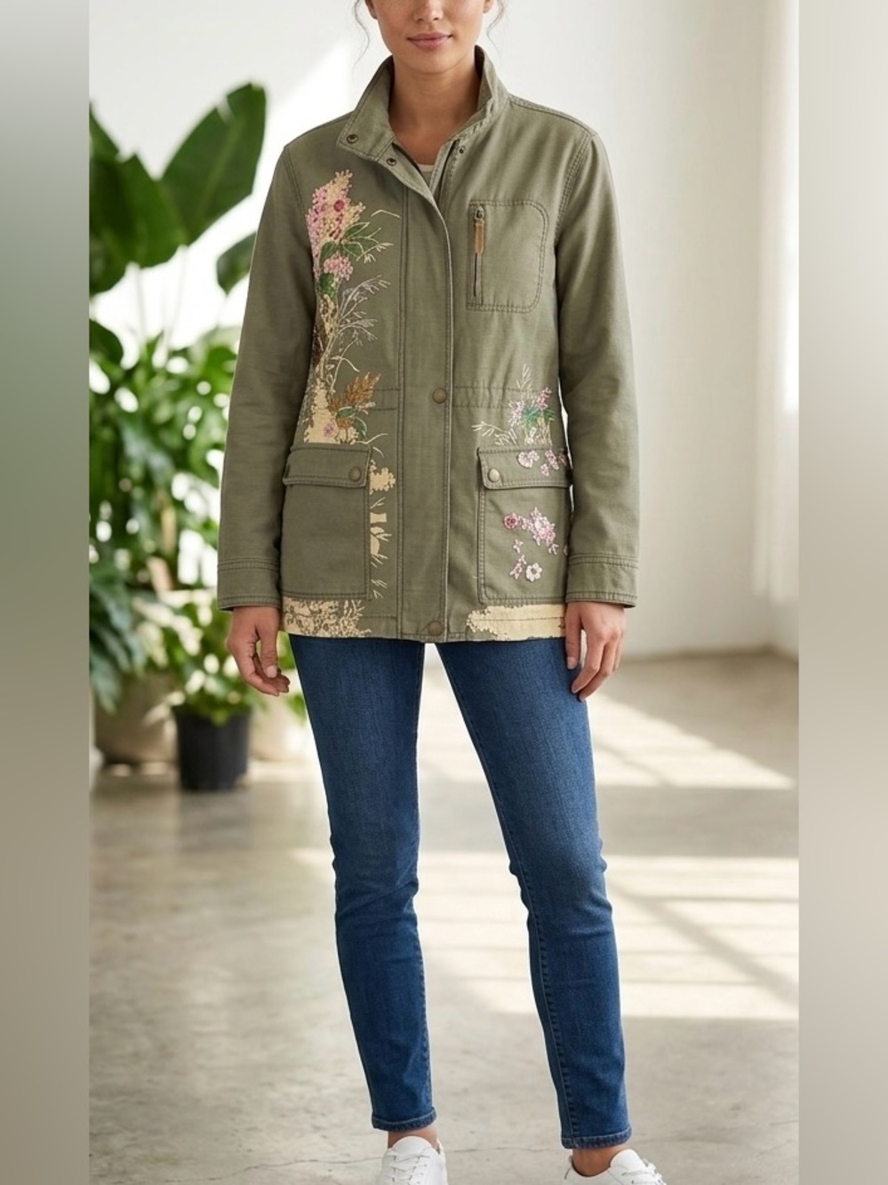 Anthropologie Embroidered Floral Utility Jacket XS Cotton Military Boho Coat